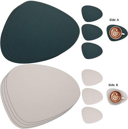 Myir JUN Placemats, Dual-Sided Placemats Waterproof Faux Leather Placemats Set of 6 Place Mats and Coasters Non-Slip Washable Table Mats for Dining Table (Beige Green, Set of 6)
