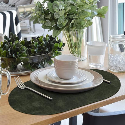ADRIMER Placemats, Heat Resistant Oval Placemats Set of 12 Washable 12 x 17 Inch, Waterproof Table Mats, Wipeable Pu Place Mats for Kitchen, Dining Room, Olive Green