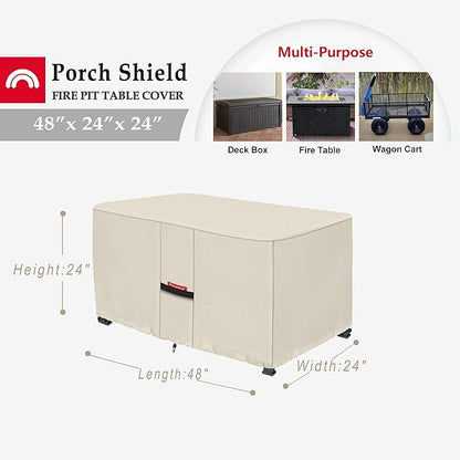 Porch Shield Patio Fire Pit Cover - Waterproof 600D Outdoor Rectangular Fire Table Cover Deck Box Protector - 48 x 24 inch, Beige