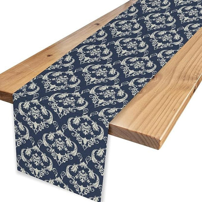 Blue Damask Table Runner, Rustic Gothic Baroque Style Floral Bohemian Boho Flower Antique Vintage Coffee Table Center Decor for Kitchen and Dining Outdoor Country Party Table Decorations, 13"x72"