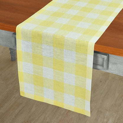 Solino Home Linen Checkered Table Runner 60 Inches - 100% Pure Linen Yellow and White Buffalo Check Table Runner 14 x 60 Inch Ideal for Dresser and Coffee Tables, Spring, Easter