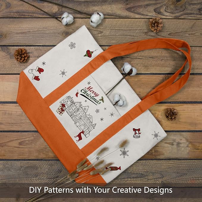 TOPDesign 3-Pack Canvas Tote Bags with an External Pocket, Reusable Grocery Shopping Bags, Top Zipper Closure, Daily Essentials (Orange/Natural)