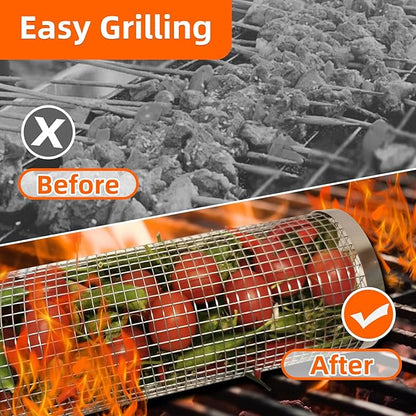 2PCS Grill Basket,Vegetable Grill Basket,Rolling Grill baskets for outdoor grill,grilling gifts for men,Grill Nets,Stainless Steel Grill Basket