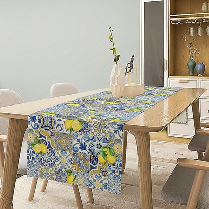 Farmhouse Rustic Lemon Table Runner,Vintage Morocco Blue Tiles Mediterranean Summer Fruit Print Table Runner for Kitchen Dining Table Home Party Decor 13x70in