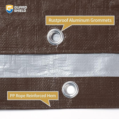 GUARD SHIELD Tarps Heavy Duty Waterproof 16x16 Feet Brown/Bright Silver Poly Tarp Cover Square Outdoor Thick UV Resistant Tarpaulin with Grommets 10mil