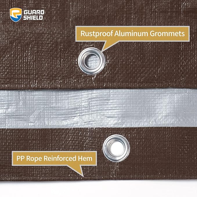 GUARD SHIELD Tarps Heavy Duty Waterproof 12x20 Feet Brown/Silver Poly Tarp Cover Outdoor Thick UV Resistant Tarpaulin with Grommets 10mil (2-Pack)