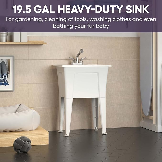 Freestanding Utility Sink with One Handle Chrome Faucet - 24" Plastic Utility Sink for Garage, Laundry, Indoor and Oudoor Use - Laundry Tub Kit by Noah William Home - White (19.5 gal)