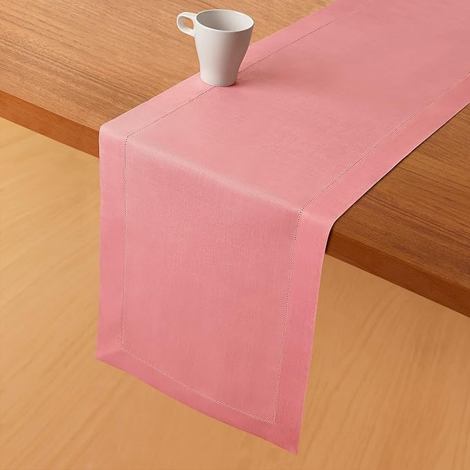 D'Moksha Homes Linen Dusty Pink Table Runner 54 Inches - Classic Hemstitch, 100% Pure Linen Coffee Table Runner 14 x 54 Inch Ideal for Dresser Tables, Valentines, Spring, Easter