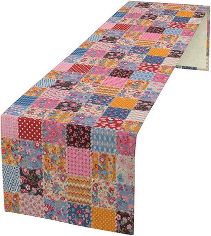 Patchwork Floral Table Runner, Patch Boho Flowers Country Wildflowers Rustic Splicing Design Pattern Table Runner for Farmhouse Kitchen Dining Home Party 13x108in