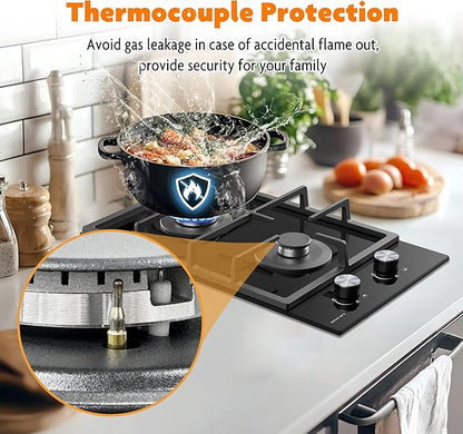 2 Burner Gas Cooktop, 12 Inch Built-in Propane/LPG/NG Dual Fuel Stove, Black Tempered Glass Hob with Thermocouple Protection & Adjustable Flame, for Apartment, Kitchen, RV