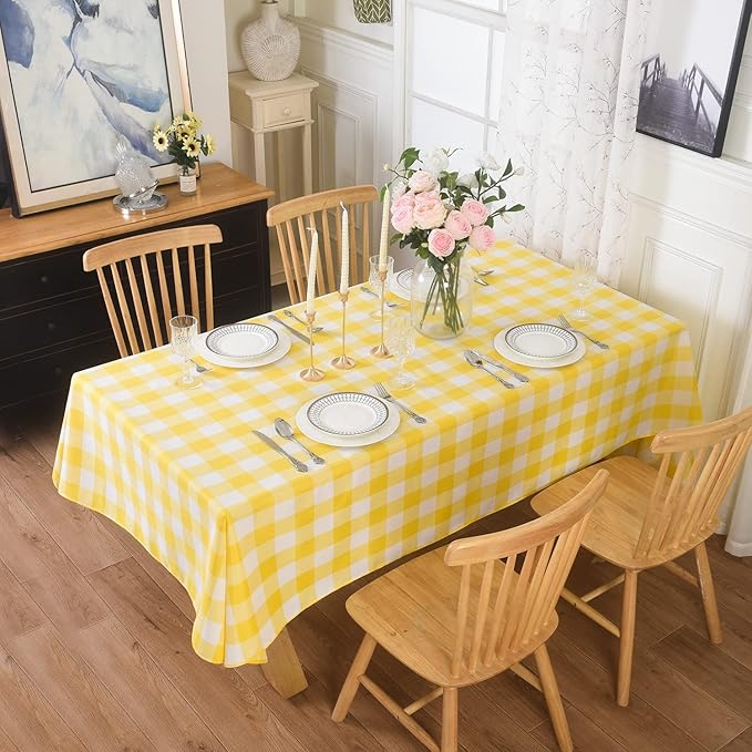 Cupuamon 2 Pack Waterproof Polyester Fabic Rectangle Checkered Tablecloth，60x120 Outdoor Table Cloth，Oil Stain Prevention Table Cloth for Pinics and Parties（Yellow and White）