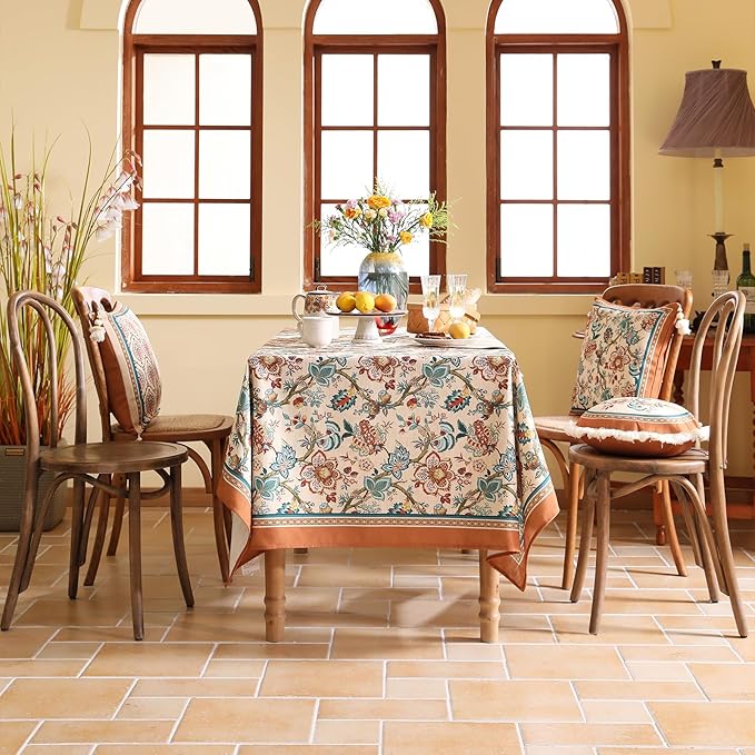 Linen Colorful Floral Rectangle Tablecloth,Vintage Indian Colorfast Block Print Extra Long Table Cloth,Decor Table Cover for Kitchen,Dining,Thanksgiving,Christmas,67"*118"-Mangala
