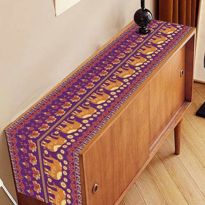 African Tribal Table Runner, Rustic Elephants Floral African Indian Diwali Art Print Purple Coffee Table Center Decor for Home Kitchen Holiday Party Farmhouse Outdoor Table Decorations, 13"x72"