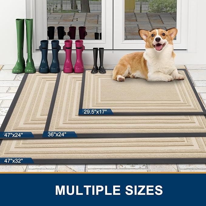 Buganda Front Door Mat Indoor Outdoor Entrance, Non-Slip Natural Rubber Doormats, Easy Clean, Low Profile, Dirt Trapper Entryway Floor Mats for Outside, Garages and Patios, 29.5x17, Beige