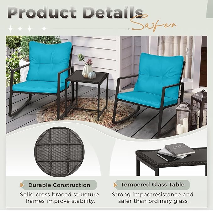 SUNCROWN 3 Piece Outdoor Rocking Bistro Set Black Wicker Furniture Porch Chairs - Image 7
