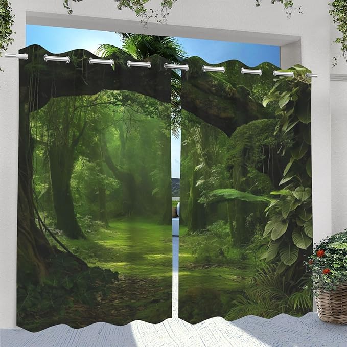 Nature Theme Waterproof Indoor/Outdoor Curtains,Forest Pattern,UV and Fade Resistant Outside Curtains for Gazebo, Front Porch, Pergola,2 Panel,54 x 96 inch,Green