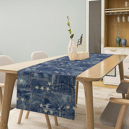 Patchwork Table Runner, Vintage Romance Jeans Pentagram Splicing Print Table Runner for Kitchen Dining Picnic Coffee Home 13x90in