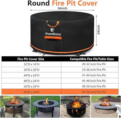 [Upgraded 1000D Heavy Duty Fabric] 56” Fire Pit Cover Round for 54”- 56” Fire Pit/Tables, Waterproof Tear & Fade Resistant Firepit Cover with Buckle, Handle, Drawstring, Air Vent (56”D x 24”H,Black)