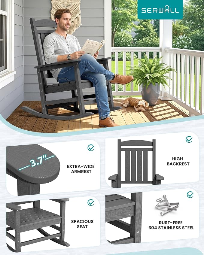 SERWALL Outdoor Rocking Chair Set of 2, Oversized Patio Rocking Chair, Yard | - Image 5
