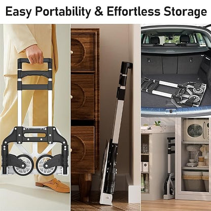 Folding Hand Truck - Aluminum Portable Dolly Cart with Telescopic Handle, Bungee Cord - Compact Lightweight Foldable Luggage Cart for Moving, Home, Auto, 180lbs, Black