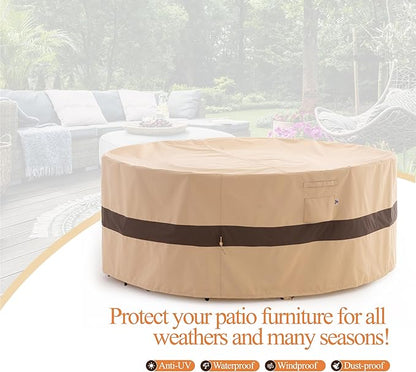WJ-X3 Round Patio Furniture Cover, 110" D x 31" H, Waterproof, UV Resistant, Anti-Fading Outdoor Cover for Round Dining Table and Chairs Set, Beige & Coffee