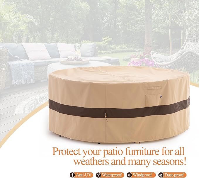 WJ-X3 Round Patio Furniture Cover, 96" D x 31" H, Waterproof, UV Resistant, Anti-Fading Outdoor Cover for Round Dining Table and Chairs Set, Beige & Coffee