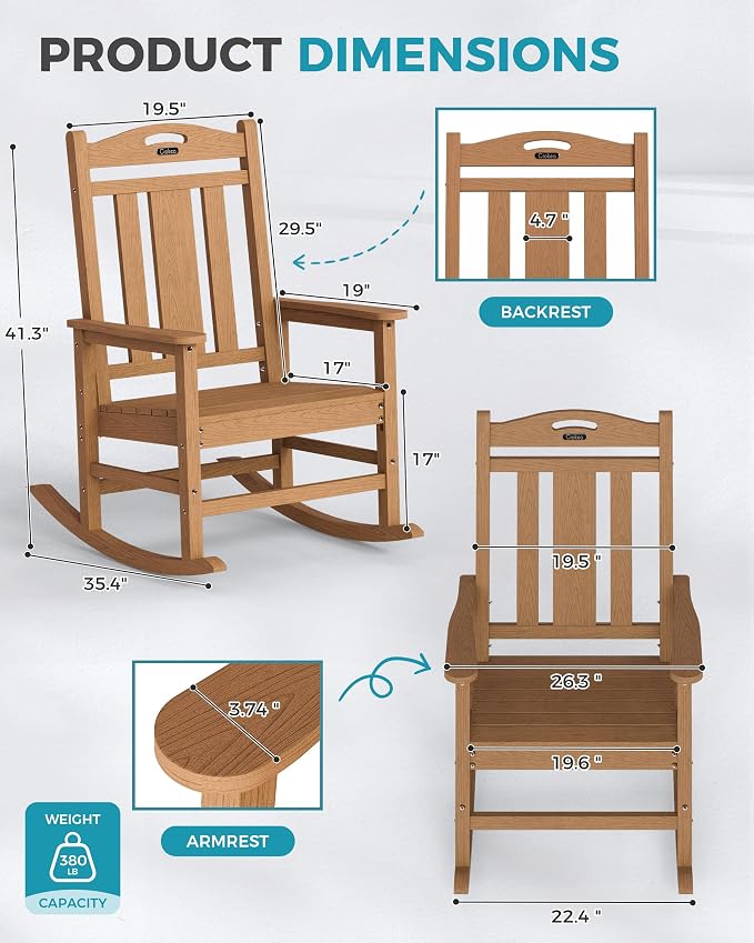 Oversized Outdoor Rocking Chairs Set of 2, 380lbs Heavy-Duty Large Patio Rocker - Image 3