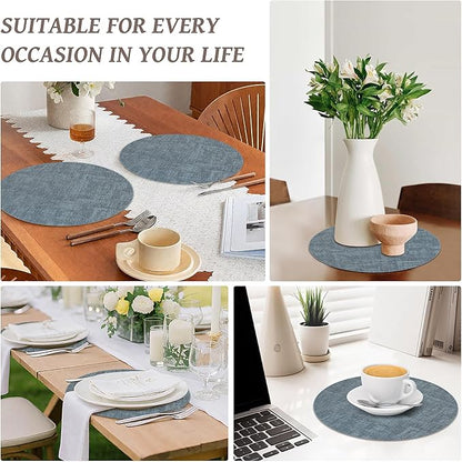 13" Round Placemats Set of 4, Reversible Faux Leather Heat Resistant Table Mats, Waterproof Oilproof Wipeable Table Protective Placemats for Vinyl, Washable for Indoor & Outdoor Use (4, Light Blue)