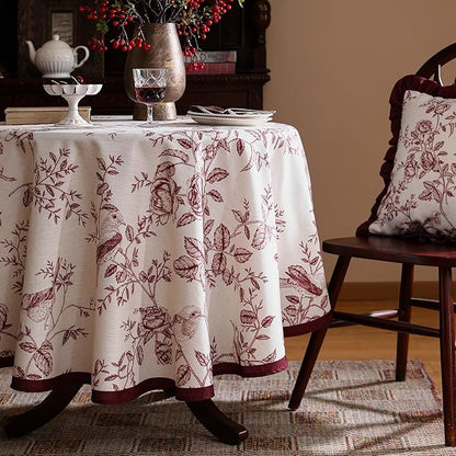 ISAENNE Designer Vintage Linen Small Round Tablecloth,Red Floral Pattern Linen Stain Resistant Table Cloth,Decor Tablecloths for Dining Thanksgiving Kitchen Tea Party,Diameter 55"-Harmony