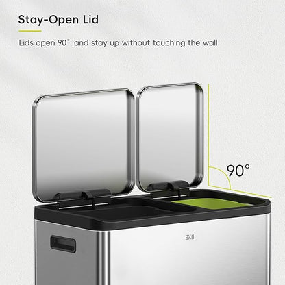 EKO EcoCasa Stainless Steel Dual Step Trash Can for Recycling, 30L+20L Rectangular Kitchen Trash Can, Independent Pedals and Lids, Soft Close and Fingerprint Resistant