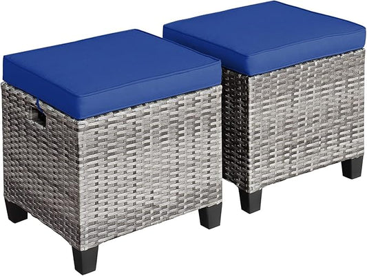 Tangkula 2 Pieces Patio Rattan Ottomans, Outdoor Wicker Footstool Footrest Seat with Soft Cushions and Steel Frame, All-Weather Patio Ottoman Set for Backyard Garden Poolside