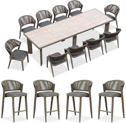 PURPLE LEAF 11-Piece Patio Dining Set Outdoor Furniture Rectangular Table and Chairs Set with Aluminum Frame and Wicker Rattan for Garden Deck Backyard Kitchen Gray Outdoor Set with Counter Stools