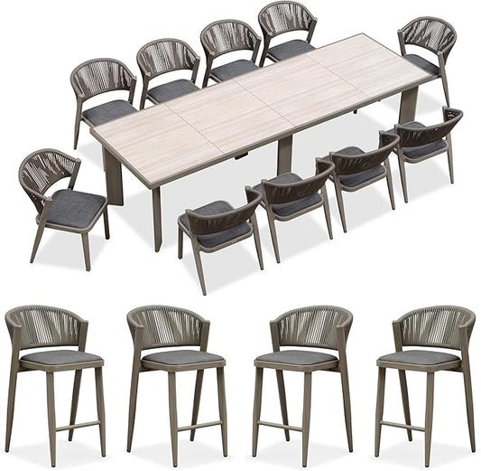 PURPLE LEAF 11-Piece Patio Dining Set Outdoor Furniture Rectangular Table and Chairs Set with Aluminum Frame and Wicker Rattan for Garden Deck Backyard Kitchen Gray Outdoor Set with Counter Stools