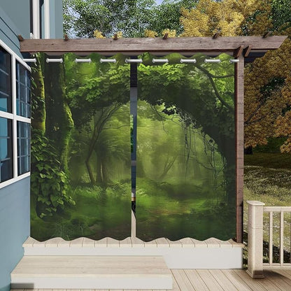 Nature Theme Waterproof Outdoor Curtains for Patio,Forest Pattern,Privacy Weatherproof Grommet Outside Curtains for Porch, Pergola, Cabana,2 Panels,W36 x L84,Green