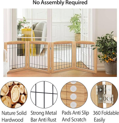 LZRS 4-Panel Extra-Wide Wooden Freestanding Dog Gate: Foldable Solid Wood and Steel Wire Chew Resistant Safety Barrier for Doorways, Stairs, and Large Open Spaces Indoor Use, Natural