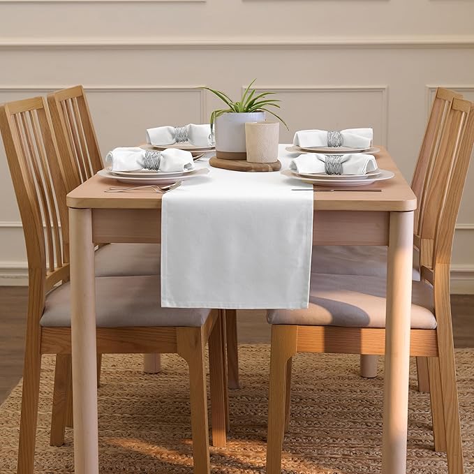 Encasa XO Table Runner 13"x72" Long | Cotton Canvas Fabric | White Solid Color | Machine Washable & Durable