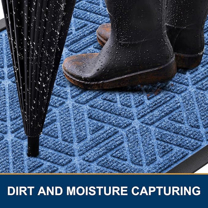 Smiry Front Door Mat Outside Entrance, Heavy Duty Sturdy Natural Rubber Doormat, Trap Dirt and Moisture, Easy Clean Low Profile Mats for Indoor Outdoor Entry, Grid Geometric (36x24, Blue)