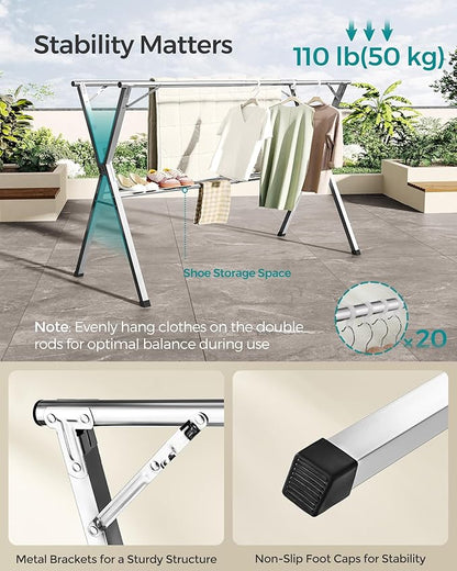 SONGMICS Clothes Drying Rack, Heavy-Duty Laundry Drying Rack, 45.7-63.4 Inches Extendable, Foldable Freestanding Airer, Stainless Steel, for Indoor Outdoor Use, Dove Gray ULLR901E01
