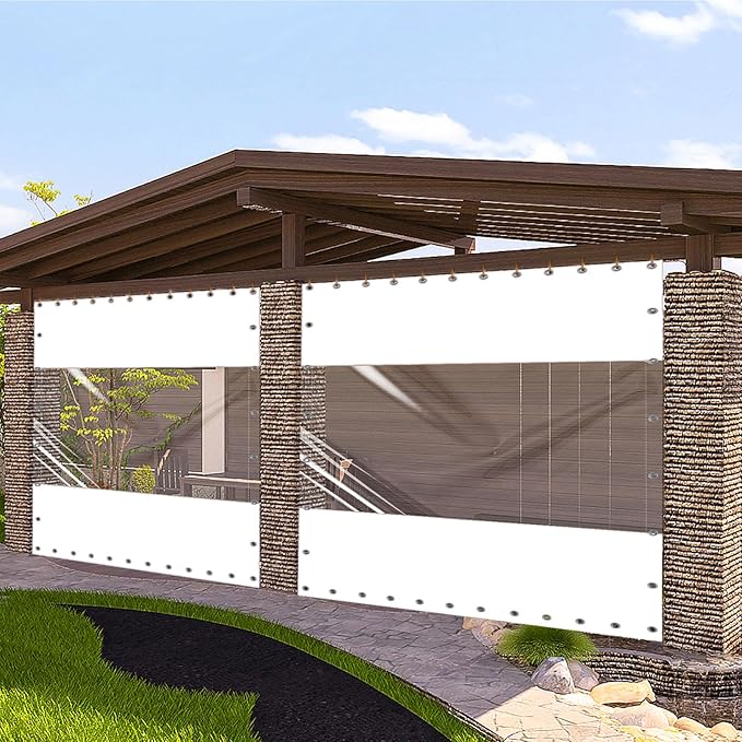 20 Oz Outdoor Vinyl Curtain, Outdoor Clear Panel Curtain, Weather Resistant Outdoor Curtain for Pergola, Porch, Gazebos, with Rustproof Grommets (8'H x 8'W, White)