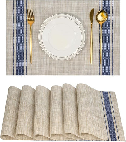 Placemats Set of 6，Non-Slip PVC Weave Table Mats Easy to Clean，Heat Resistant Place Mats for Kitchen Dining Table Decoration Indoor Outdoor，Khaki Blue