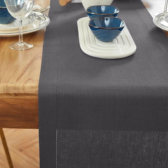 Solino Home Linen Table Runner 90 Inches Long - 100% Pure Linen Charcoal Table Runner 14 x 90 Inch for Winter - Medium Weight Hemstitch