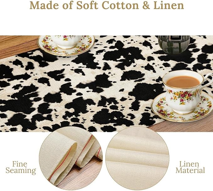 Cow Print Table Runner, Black White Animal Fur Skin Rustic Cowhide Pattern Table Runner for Kitchen Farmhouse Dining Home Outdoor Party 13x70in