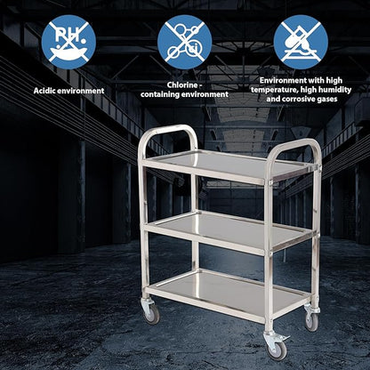 3 Shelf Stainless Steel cart,400 lbs,1MM Thick，Serving cart with Wheels, Household, Service Trolley,360°Rotation Storage Shelf with Locking Wheels 29.5 * 15.7 * 37.4'' L*W*H S.