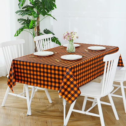 Romanstile Rectangle Vinyl Tablecloth, 100% Waterproof Buffalo Gingham Plastic Table Cloth, Heavy Duty Wipeable Checkered Table Covers for Outdoor, Camping, Picnic, Patio - 52 x 70, Black and Orange