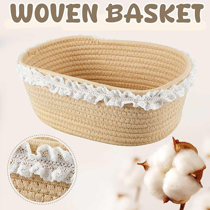 2 Pcs Small Wicker Hand-Woven Rattan Baskets with Clear Gift Bags and Lace Ribbons 12"X 8" X 5" for Baby Diaper Caddy Basket Baby Shower Gifts Easter Egg Storage