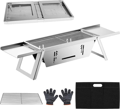 Foldable Small Charcoal Grill, Portable Stainless Steel Charcoal Grill, Tabletop Yakitori Grill for Outdoor Cooking, Travel Camping, BBQ, Tailgating, Picnics, High-Temp Resistant for 2-3 People
