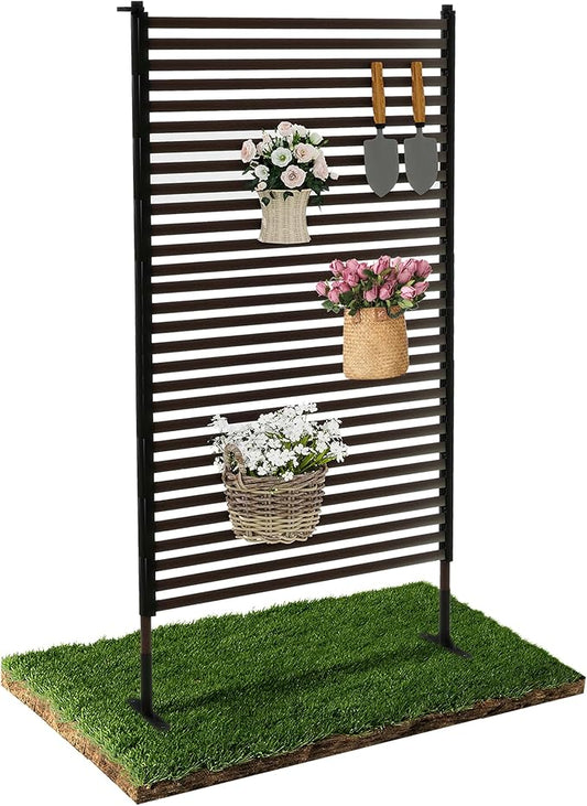 Outdoor Privacy Screen Fence with Feet Stand 3FT x 6FT, Freestanding Fence Privacy Screen for Outside, Metal Pipes and Slats Panels Divider Stake for Garden Patio Balcony Backyard Brown