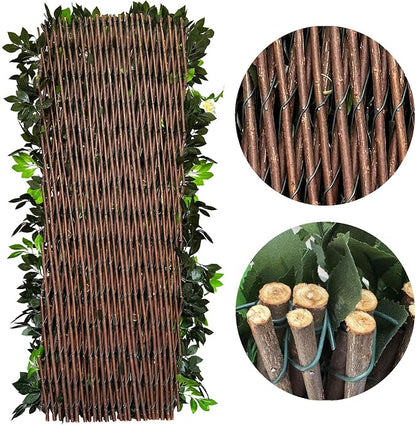 Expandable Fence Privacy Screen for Balcony Patio Outdoor,Decorative Faux Ivy Fencing Panel,Artificial Hedges (Single Sided Leaves) (2, Branches -White Fowers)