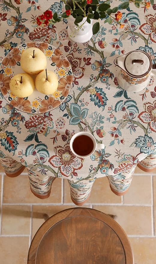 Designer Vintage Linen Small Round Tablecloth,Indian Style Wrinkle Free Orange Floral Table Cloth,Decor Table Cover for Kitchen,Dining,Thanksgivingome,Christmas,Diameter 55"-Mangala