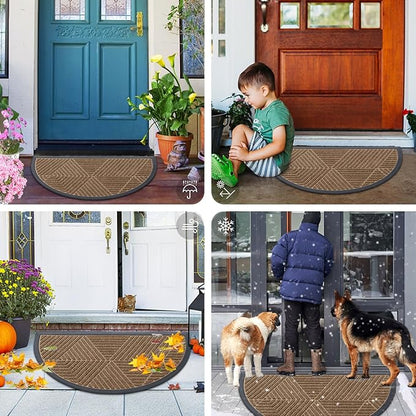 Smiry Half Circle Front Door Mat Outside Entrance, Heavy Duty Sturdy Natural Rubber Doormat, Trap Dirt and Moisture, Low Profile Mats for Indoor Outdoor Entry, Irregular Triangle (47x32, Brown)